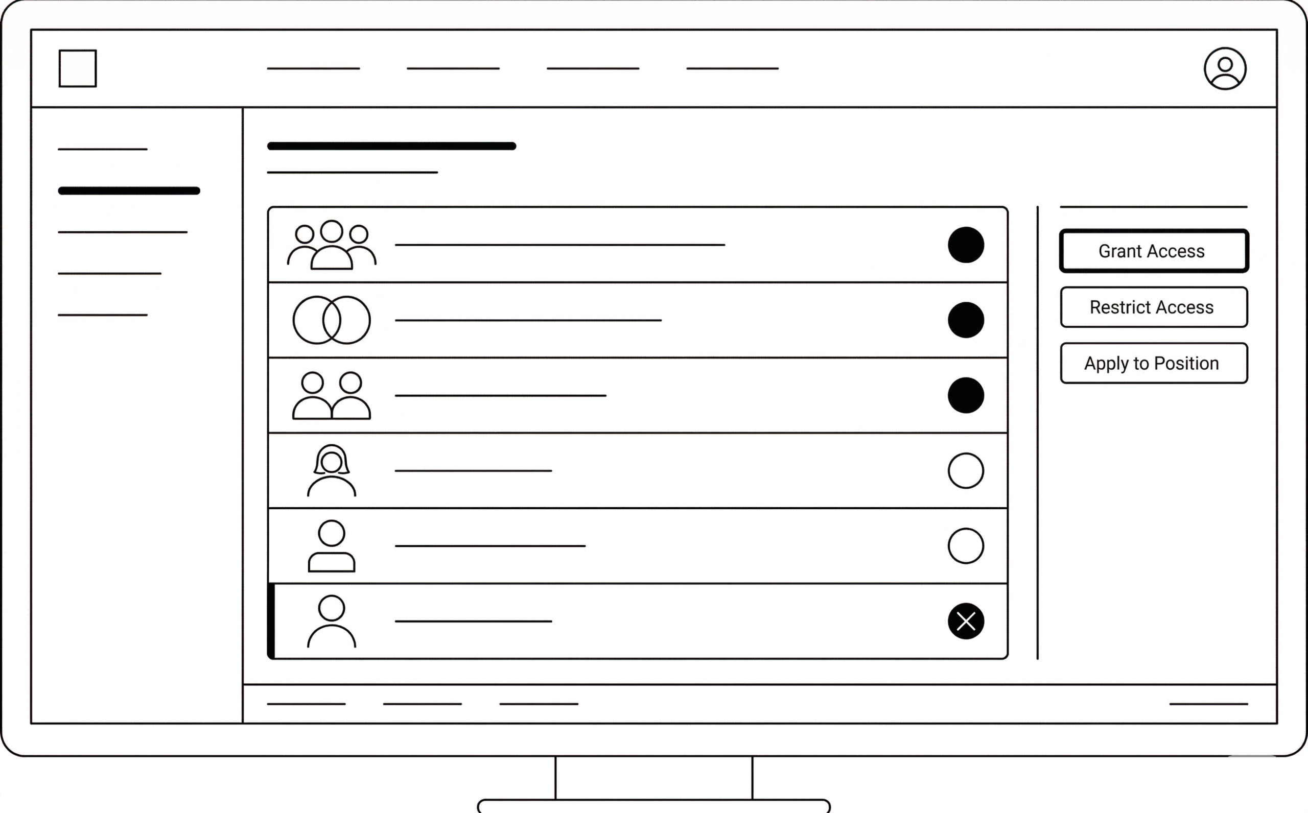 Line drawing mockup of the CareerNet Pocket Playbook desktop admin access gating interface showing the same six organizational levels - enterprise group, division group, team group, female individual, male individual, and a restricted individual - with filled and unfilled access indicator circles, a highlighted restricted row with an X indicator, left navigation sidebar with active item, and three action buttons on the right panel for Grant Access, Restrict Access, and Apply to Position.