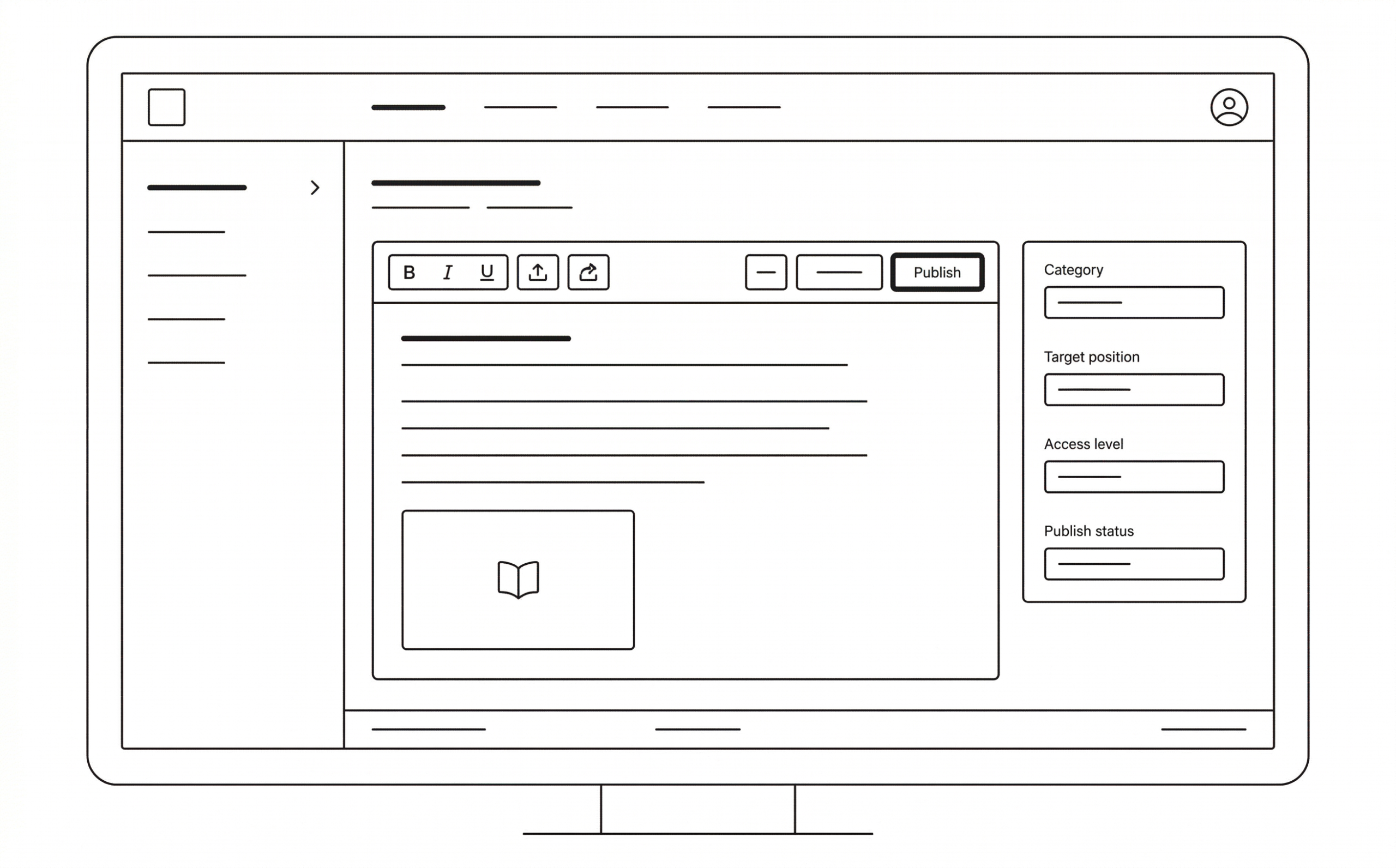 Line drawing mockup of the CareerNet Pocket Playbook desktop admin dashboard showing a content creation interface with left navigation sidebar, text editor with formatting toolbar and publish button, embedded media placeholder, and right properties panel with category, target position, access level, and publish status controls.