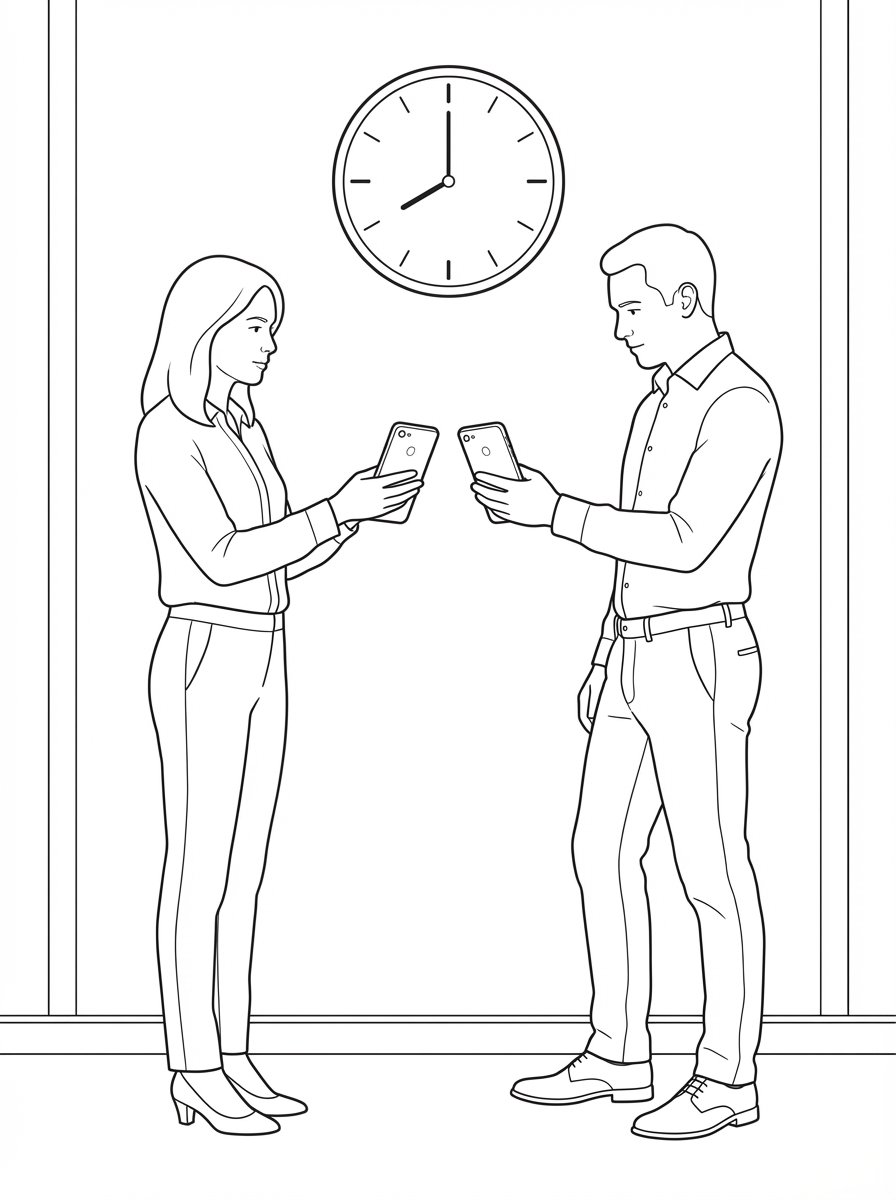 Line drawing illustration of two business professionals standing face to face comparing results on their smartphones - a woman in her 40s in business casual attire and a young man in his 30s in business casual attire, both holding smartphones with screens facing each other, with a wall clock showing 8:45 in the background -representing the CareerNet Pocket Playbook's real-time performance standard access and productivity tracking across every level of an organization.