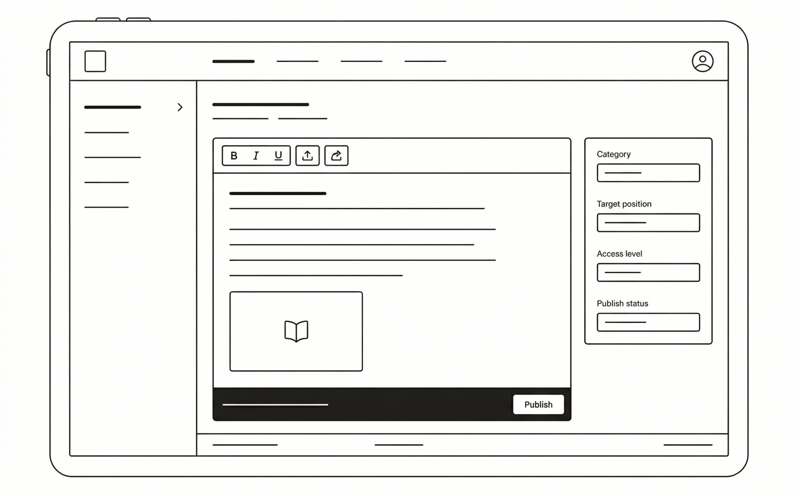 Line drawing mockup of the CareerNet Pocket Playbook tablet admin dashboard showing the same content creation interface as the desktop view with left navigation sidebar, text editor, embedded media placeholder, right properties panel, and a full-width black publish action bar at the bottom of the content editor.