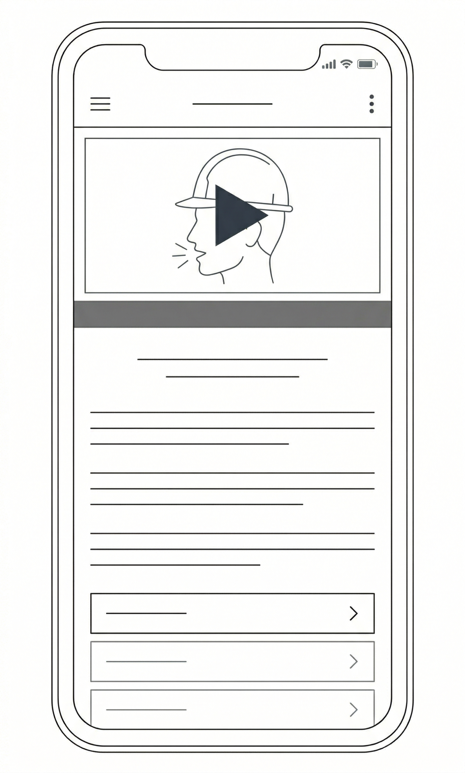 Line drawing mockup of the CareerNet Pocket Playbook mobile app video training screen showing a navigation bar, video player with construction worker and play button, title bar, subtitle, body content sections, and three expandable role-specific training module navigation rows.