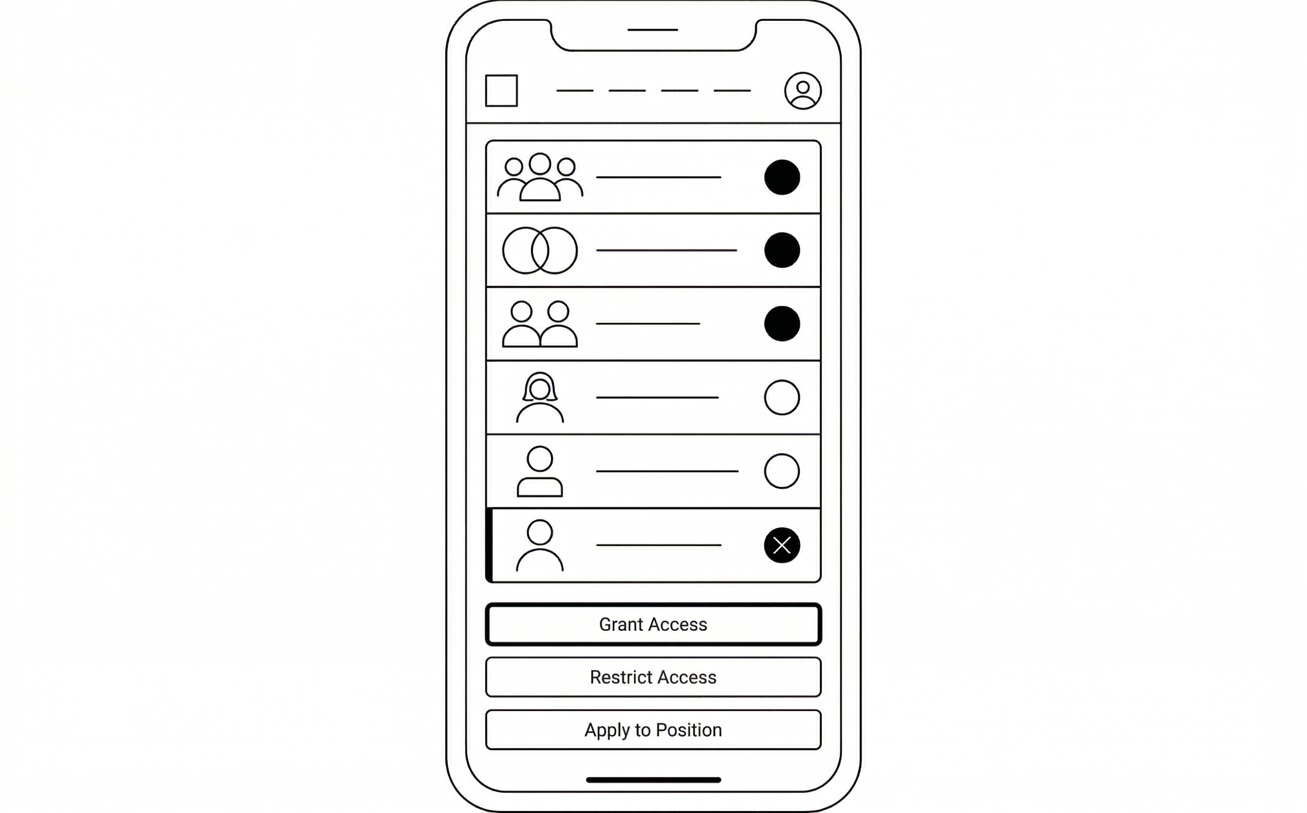 Line drawing mockup of the CareerNet Pocket Playbook mobile access gating interface showing six organizational levels — enterprise group, division group, team group, female individual, male individual, and a restricted individual with an X indicator - each with filled circles indicating access granted, unfilled circles indicating no access, and three action buttons at the bottom for Grant Access, Restrict Access, and Apply to Position.