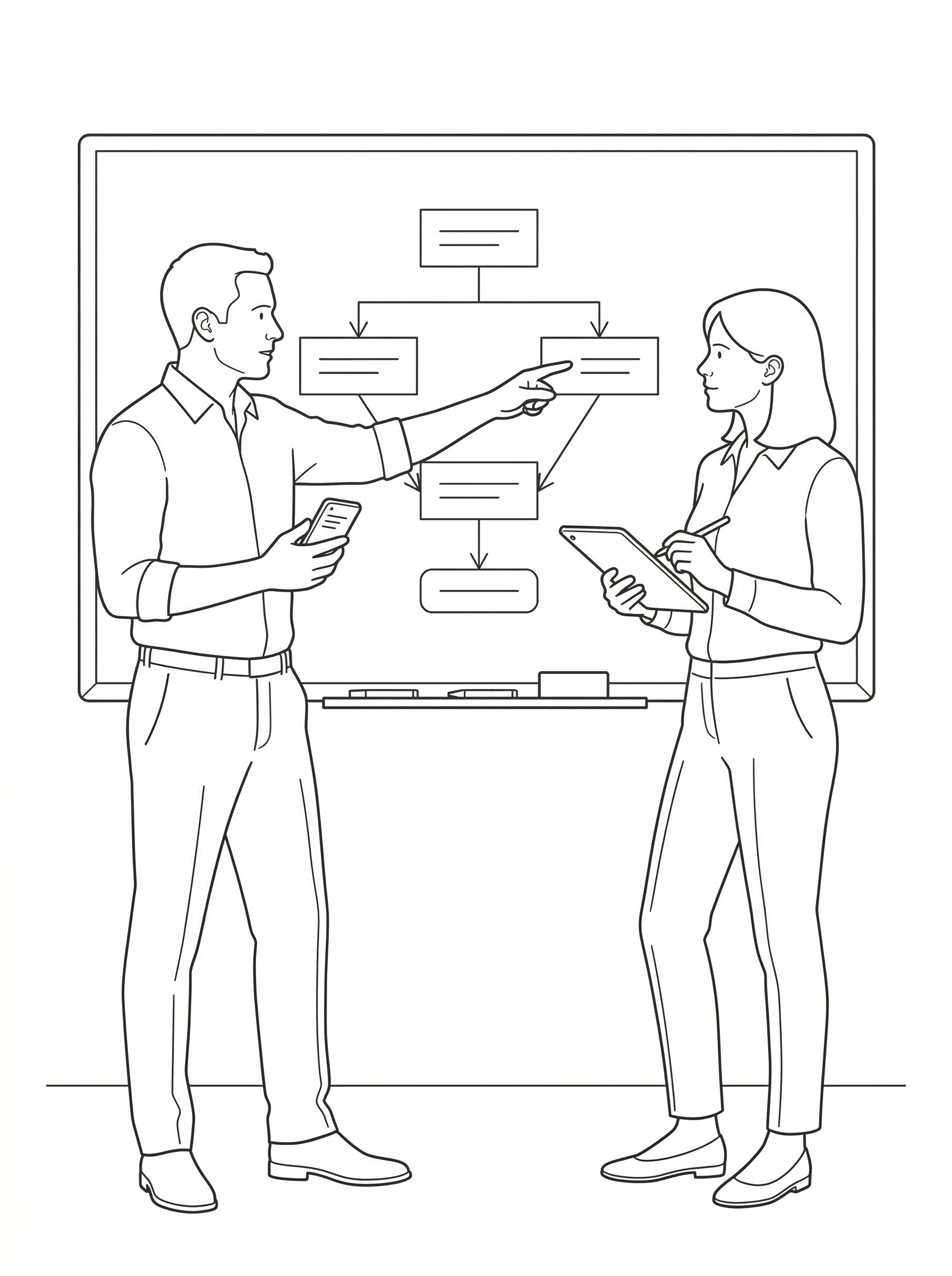Line drawing illustration of two business professionals in a strategic discovery session — a male executive in business casual attire pointing to a flow chart on a whiteboard while holding a smartphone, and a female executive holding a tablet and stylus taking notes - representing the CareerNet Step 1 Strategic Discovery process of identifying operational gaps and documenting organizational workflow standards.