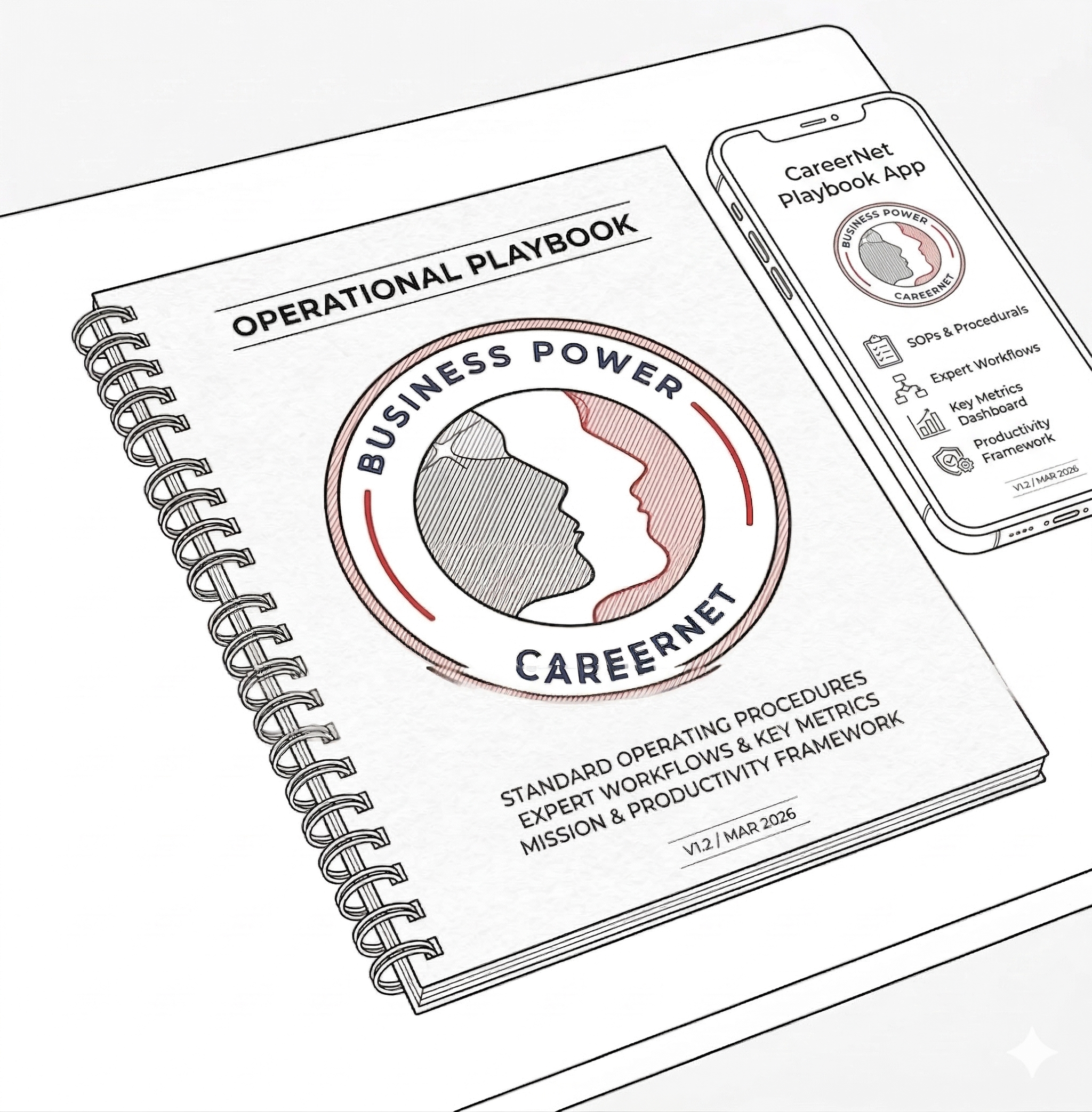 A simple line drawing of the CareerNet Operational Playbook beside a smartphone displaying the Playbook App.