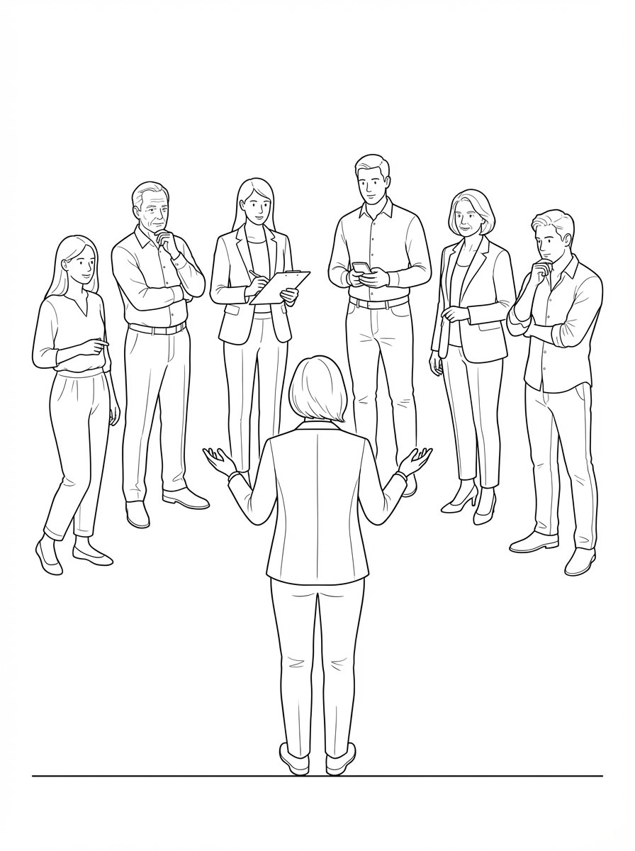 Line drawing illustration of a manager in business casual attire standing with their back to the viewer, arms open in a speaking gesture, addressing a diverse group of six engaged professionals — including men and women of varying ages from mid-20s to late-50s in business casual attire — one holding a clipboard, one referencing a smartphone, others in attentive listening postures — representing the CareerNet Step 3 Operational Integration process of rolling out performance standards across a workforce through direct coaching and team deployment.