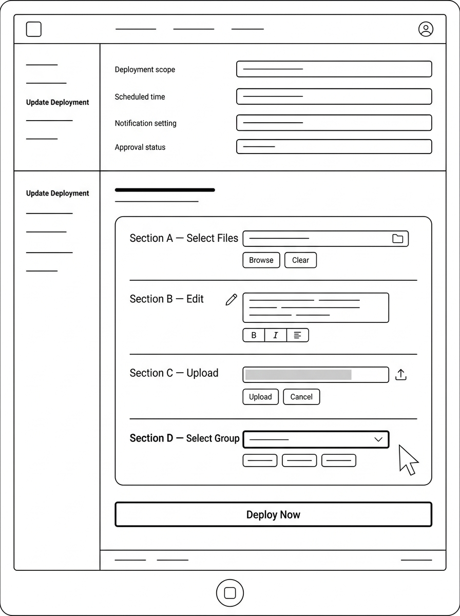 Line drawing mockup of the CareerNet Pocket Playbook desktop admin update deployment interface showing a left navigation sidebar with Update Deployment as the active item, a main content workflow panel with four sections — Select Files with browse and clear buttons, Edit with text editor and formatting tools, Upload with progress bar, and Select Group dropdown with group option tags and mouse cursor hovering near the selection — and a right properties panel with deployment scope, scheduled time, notification setting, approval status fields, and a bold Deploy Now action button.