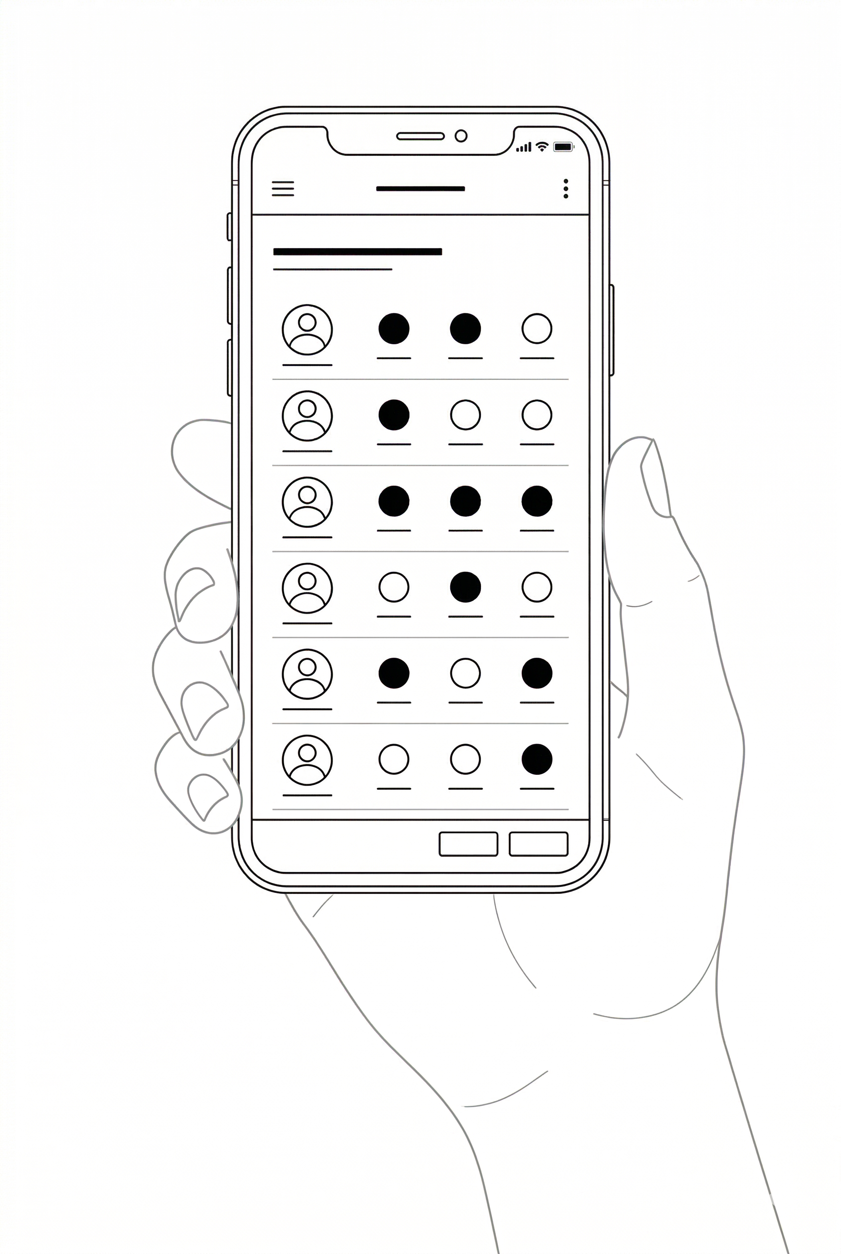<br />
Line drawing mockup of a hand holding a smartphone displaying the CareerNet Pocket Playbook training module completion tracking interface, showing six employee rows each with a person icon and three module completion dots — filled dots indicating completed modules and unfilled dots indicating incomplete modules — with randomized completion status across all six employees demonstrating real-time individual training progress visibility for managers.