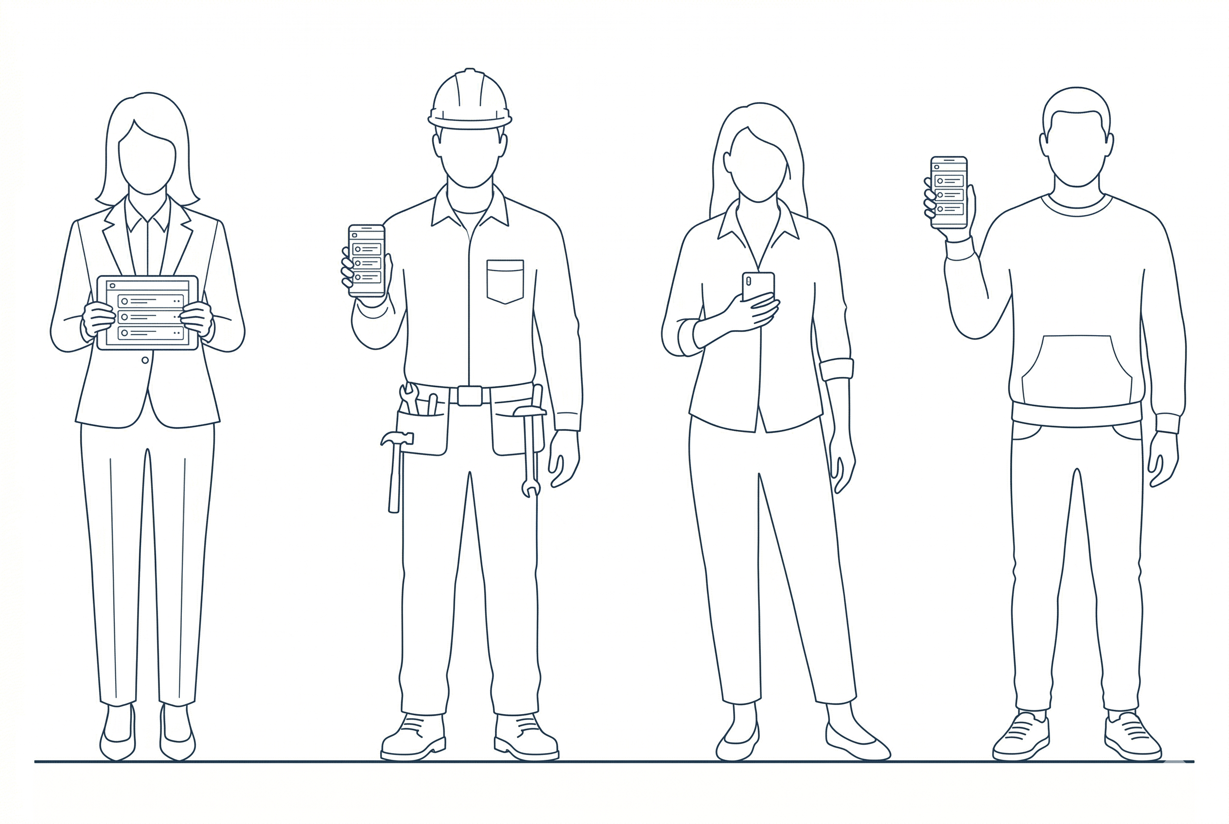 Line drawing illustration of four professionals representing diverse workforce roles - a female executive in formal business attire holding a tablet displaying the CareerNet Pocket Playbook interface, a male construction worker in work attire with tool belt holding a smartphone, a female professional in casual business attire holding a smartphone, and a male tech professional in casual attire holding a smartphone at shoulder height - all connected by a shared baseline representing a single unified operational standard accessible across every role and every industry.